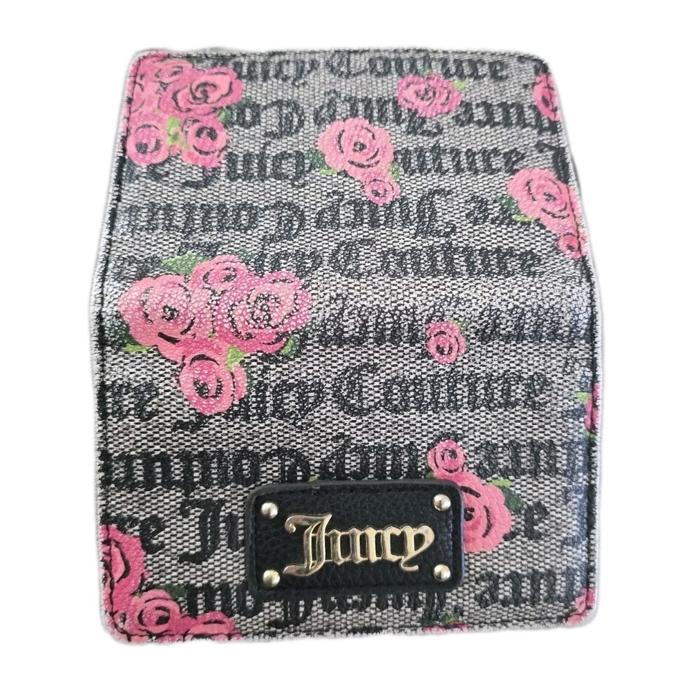 Juicy Couture Pink Bloom Black Logo Floral Faux Leather Clutch‎ Wallet ID Slots